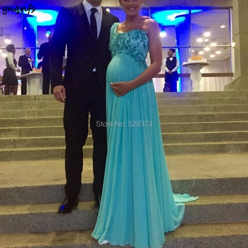 YNQNFS ED120 Elegant Empire Mother Pregnant Dresses Maternity Evening Party Gown  Aqua Green One Shoulder 2019