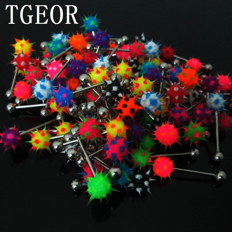 Hot wholesale free shipping 100pcs 14G Stainless Steel silicone spike koosh ball mixed colors piercing tongue ring