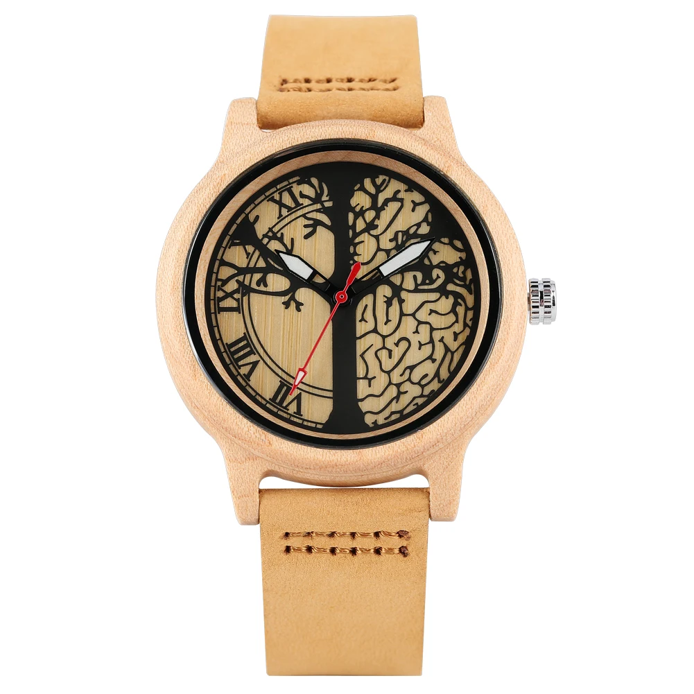 Women\'s Brown Leather Strap Wristwatch Quartz Wooden Watch Unique Maple Life Tree Patterns Dial Wooden Watch