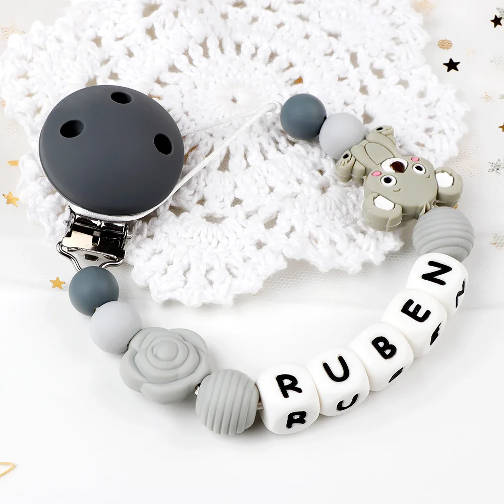 TYRY.HU Personalised Name Teething Dummy Clips Pacifier Chain Holder Silicone Koala Beads BPA Free For Baby Shower Gift