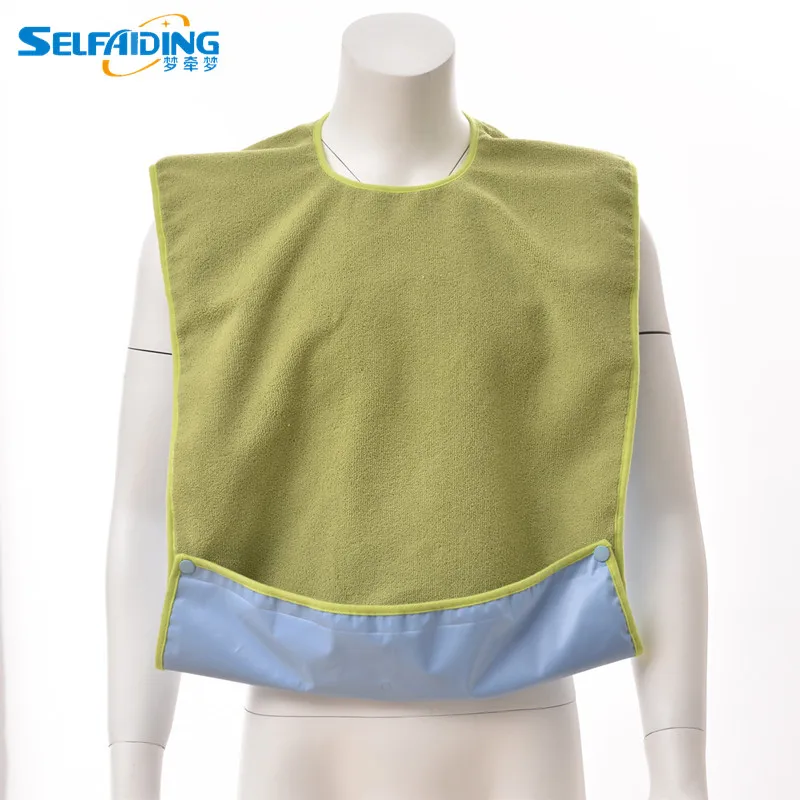 Green Blue Purple Terry Adult Bib with Button Closure and 10cm Adjustable Crumb Catcher AB-240