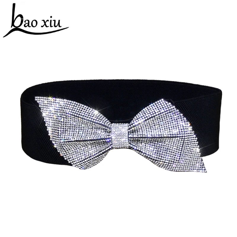 

2019 brand desgin Sweet Women crystal silver Bowknot Elastic Bow Wide Stretch Buckle Waistband Waist Belt Gift accessories