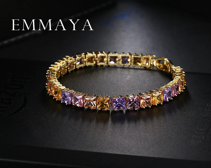 Emmaya AAA+ Elegant Square Multicolor CZ Tennis Bracelets for Woman Champgne Gold Color Princess Cut CZ Wedding Jewelry