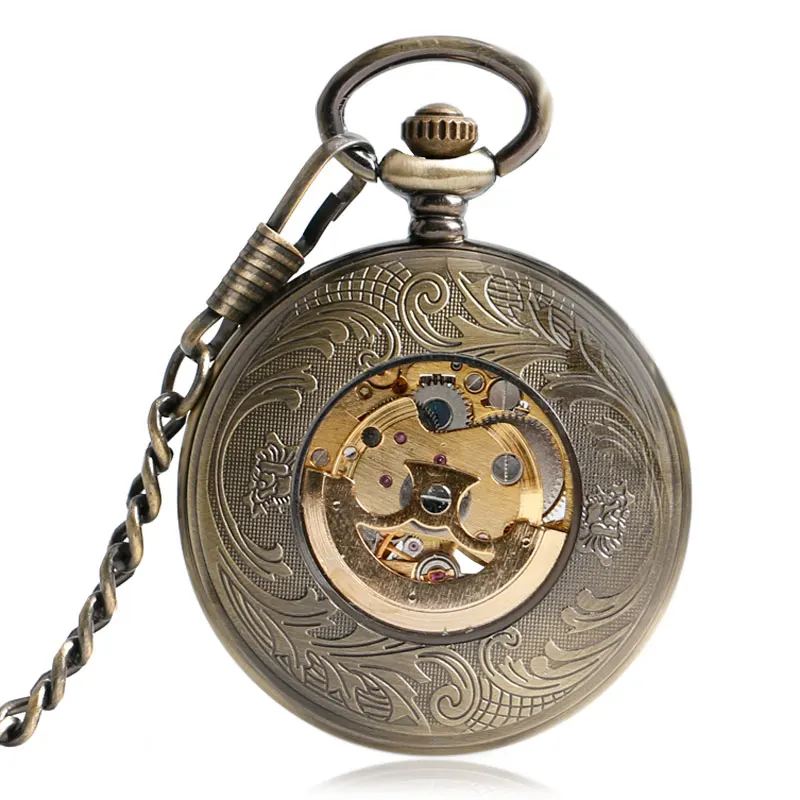 New Retro Bronze Smooth Hollow Case Skeleton Dial Self-wind Mechanical Pocket Watches Vintage Steampunk Fob Watch with Chain
