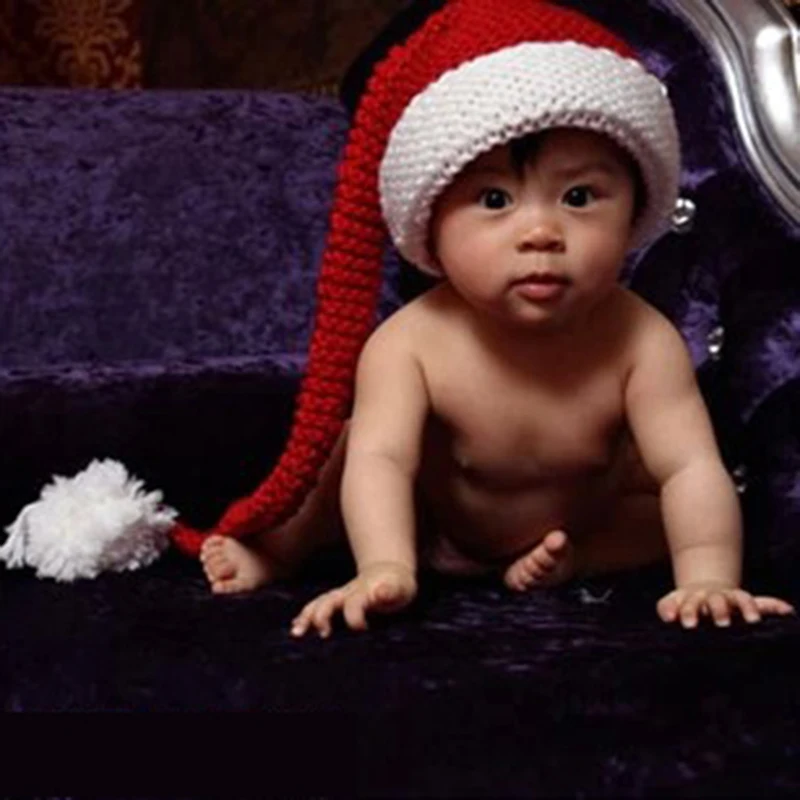 Newborn Winter Knitted Hat Red&White Christmas Baby Long Plait Beanie Cap Crochet Infant Santa Hat Photography Props