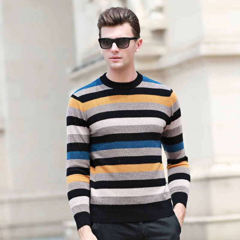 2019 Spring New Striped Sweater Men Contrast Color Slim Fit 100% woolen O-neck Plus Size Knitted Pullovers