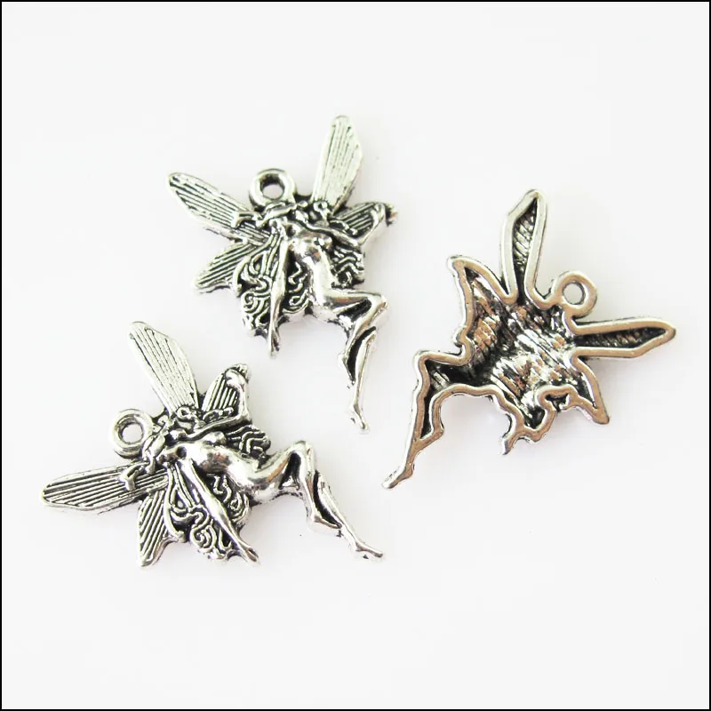 25Pcs Antiqued Silver Color Dancing Fairy Angel Wings Charms Pendants 15x21mm