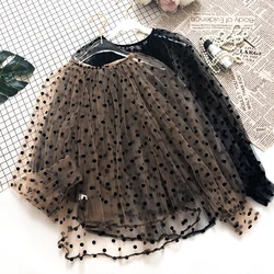 2024 Women O-Neck Lantern Sleeve Pullover Embroidery Polka Dot Voile Basic Shirt Elegant Lady Mesh Gauze Tulle Chic Blouse Tops