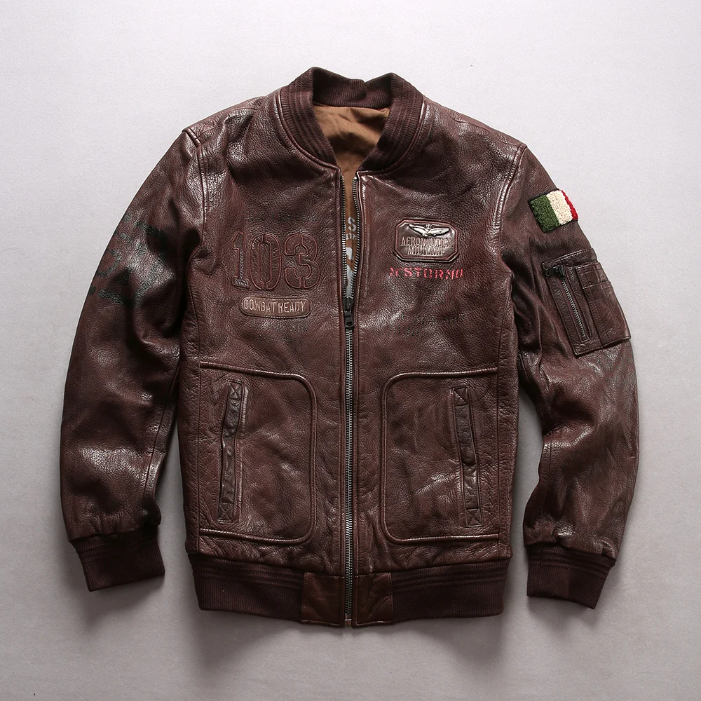 Factory Men Indian Pattern Genuine Sheepskin Leather Jacket 100% Real Oil wax Brown and Balack Casual Autumn A2 Pilot Jackets