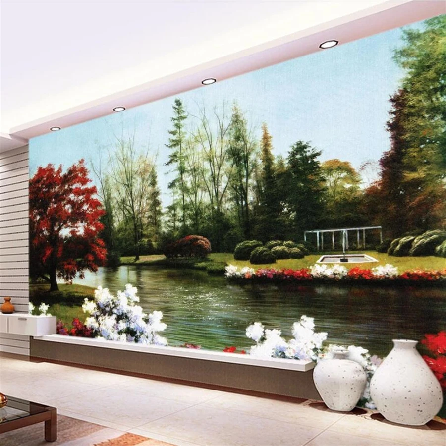 

papier peint Custom wallpaper 3d mural flowers green trees small river autumn forest beauty oil painting TV background wallpaper