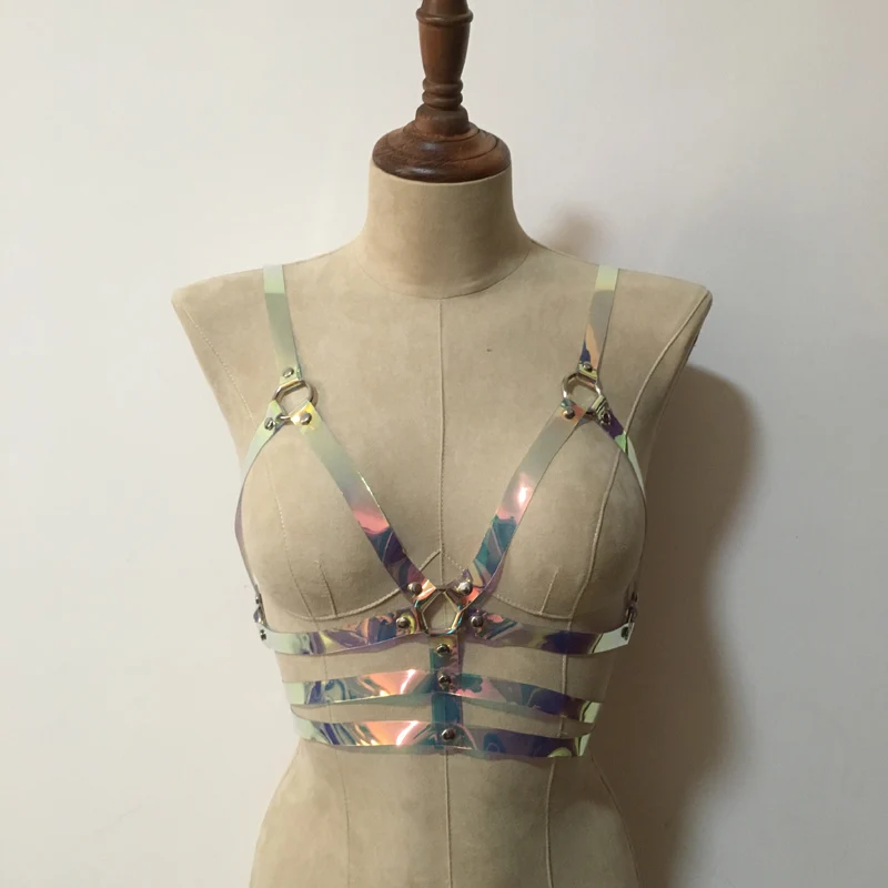 Soutien-gorge sexy en vinyle holographique unisexe, SFP, arc-en-ciel, ceinture en cage, sangles de taille pour femmes