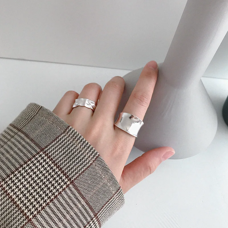 Punk Authentic S925 Sterling Silver Bump Texture Geometric concave-convex Wider Harmmered Ring Adjust C-JT141