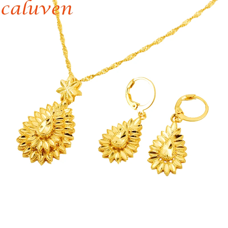 Dubai Jewelry Sets African Heart Necklace and Earrings For Women Fashion 24K Gold Color Love Ethiopian Wedding Arab Bride Gifts