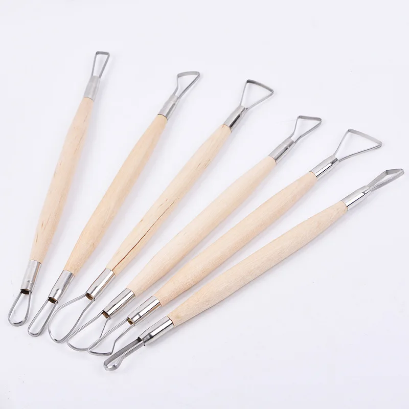 6 pcs/set stainless steel double head band steel wire  wooden rod handle clay sculpture knife clay tools Painting Materials Art