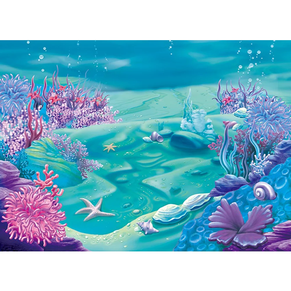 

Under the Sea Backdrop Photography Blue Purple Seaweed Starfish Bubbles Princess Little Mermaid Birthday Party Photo Background