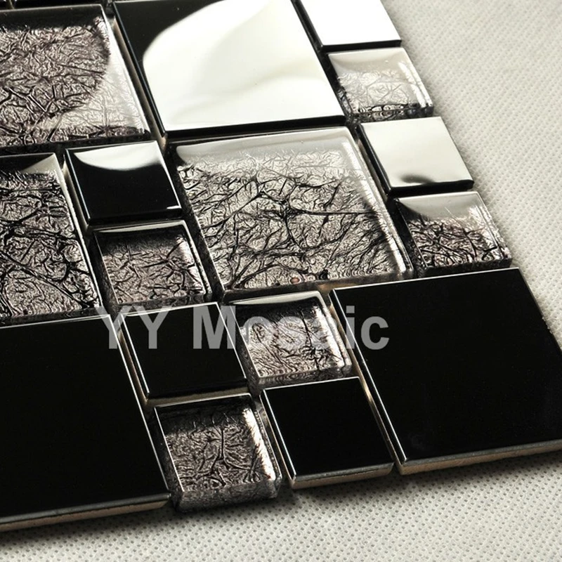 

Modern stylish black color metal and gold foil glass mosaic wall tile for kitchen backsplash wine cabinet television backdrop