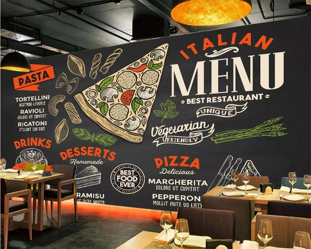 Customize personalized wallpaper mural hand-painted blackboard restaurant pizza shop background wall 3d wallpaper papier peint