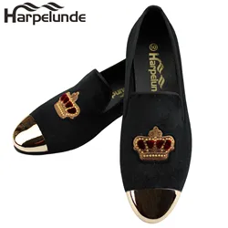 Harpelunde  Mens Formal Shoes Bullion Black Velvet Loafers With Copper Cap Toe