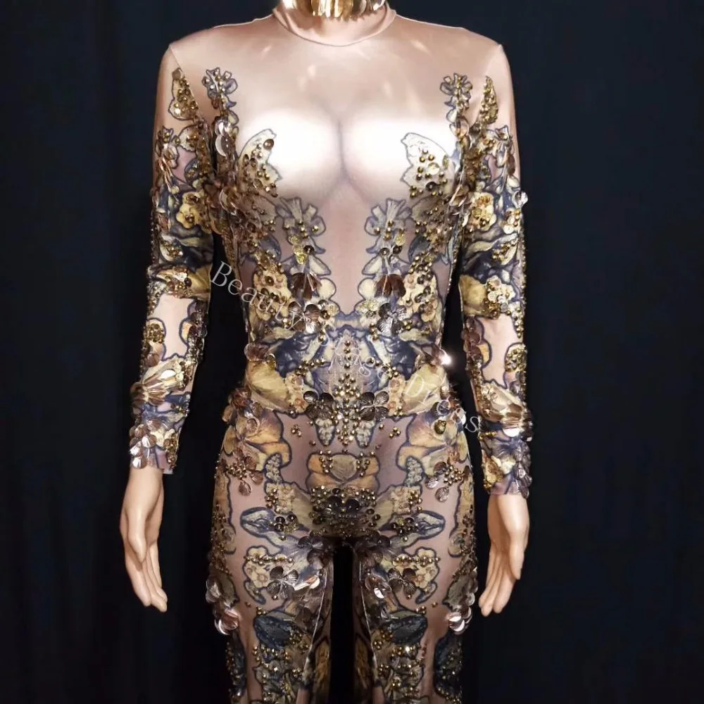 

Skinny Gold Rhinestones Rompers Female Singer Dancer Big Pants Costume One-piece Bodysuit Nightclub Oufit Party Jumpsuit