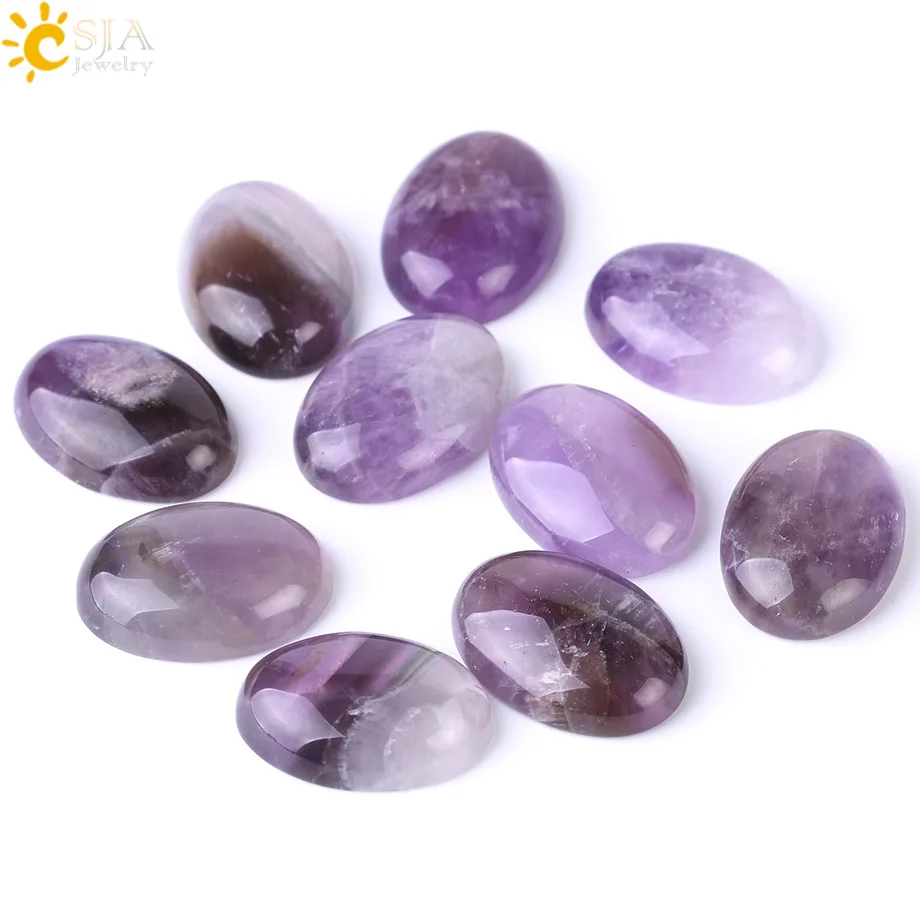 CSJA 1PC Natural Stone Purple Crystal Beads 4 Sizes for Choice Oval Quartz Reiki Accessories Fit DIY Rings Bracelet Pendant F506