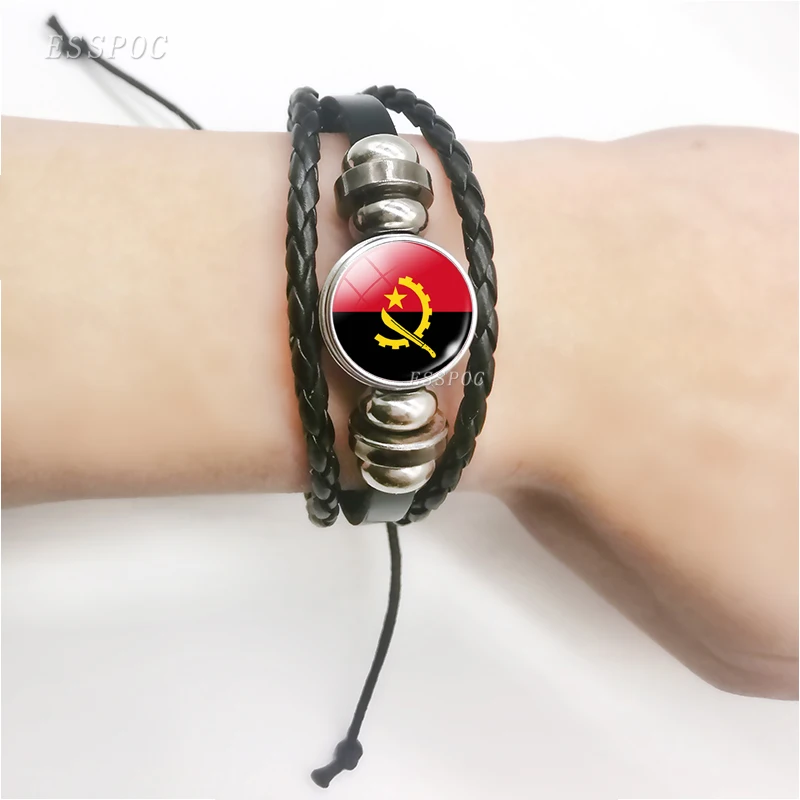 Handcrafted Angola Flag Black Leather Bracelet , Glass Cabochon Bangle Bracelets , Flag Jewelry Creative  Gift