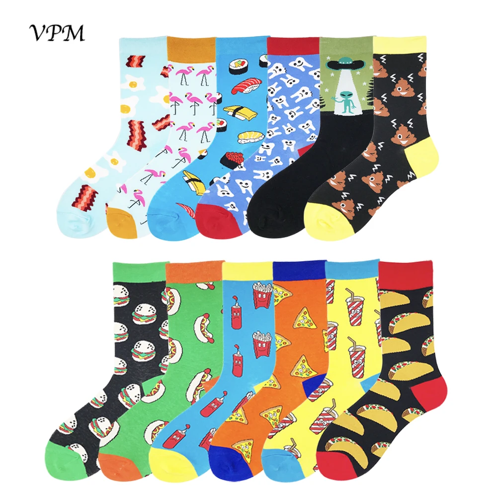 VPM Two Big Size Women&Men\'s Socks 85% Cotton Colorful Funny Harajuku Egg Flamingos Alien Sushi Tooth Poo Hamburger Sock