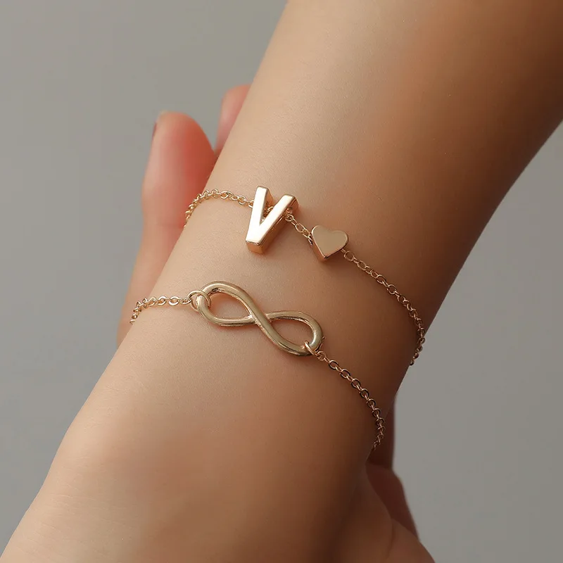 26 Letters 8 Shaped Little Cute Heart Charms Double Chains Silver Plated Anklets For Girls Women