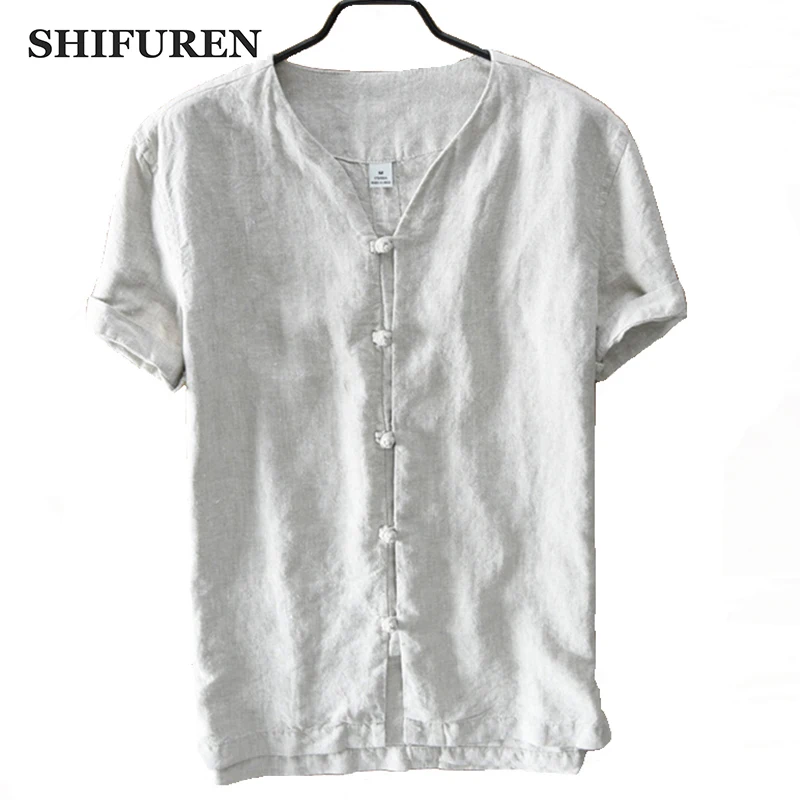 

SHIFUREN 100% Pure Linen Shirts Men Summer Breathable Shirts Short Sleeve Chinese Traditional Kongfu Linen Shirts Big Size M-3XL