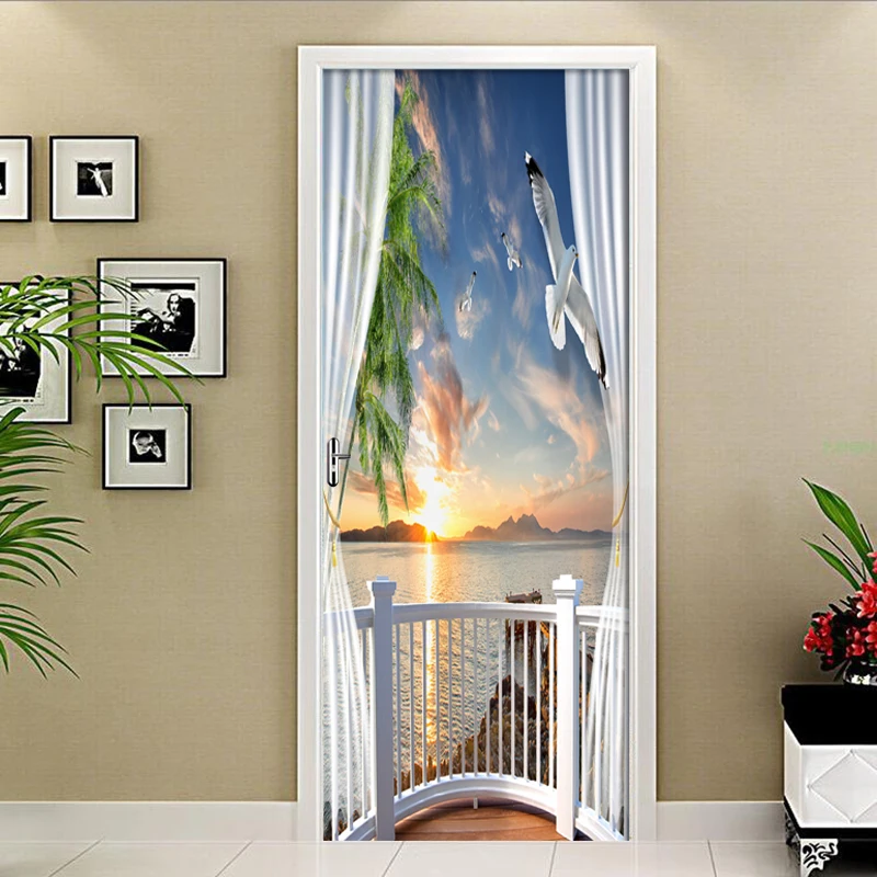 

Dusk Scenery Outside Window 3D Door Sticker PVC Waterproof Self-adhesive Wallpaper Wall Stickers Living Room Door Decor Decals