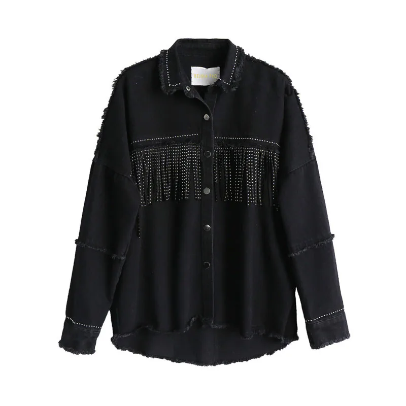 

Xnxee Women Black High Quality Loose Denim Jacket Coat Sequined Tassels Streetwear All-match Mental Covered Button Outerwear