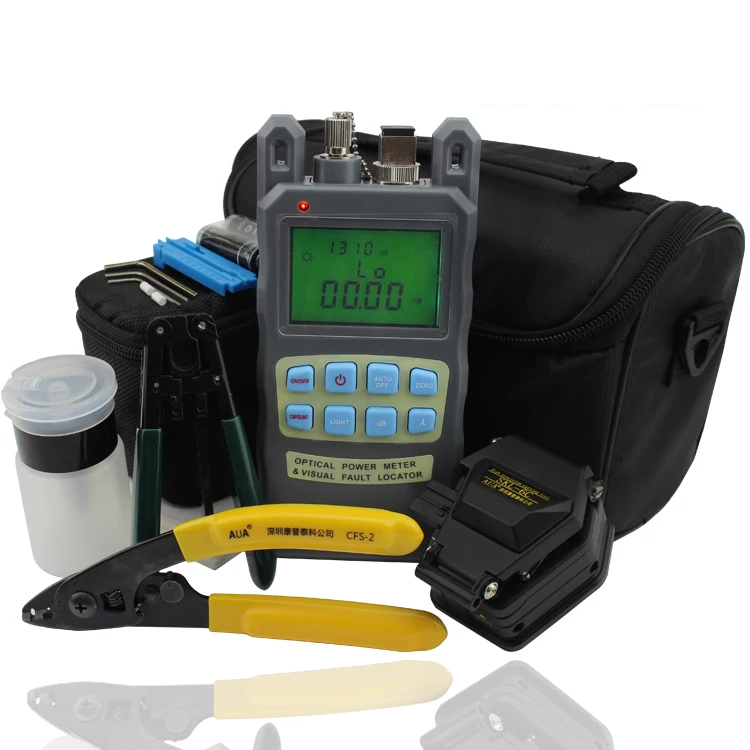 

FTTH Optic Fiber Tools Kit with SKL-6C Fiber Cleaver and Optical Power Meter Visual Fault Locator 10mw and Cable Strippers