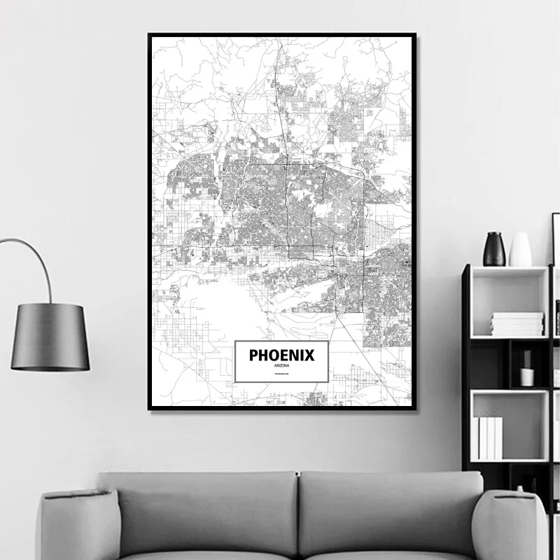 Phoenix, Arizona, United States Black White Custom World City Map Poster Canvas Print Nordic Style Wall Art Home Decor