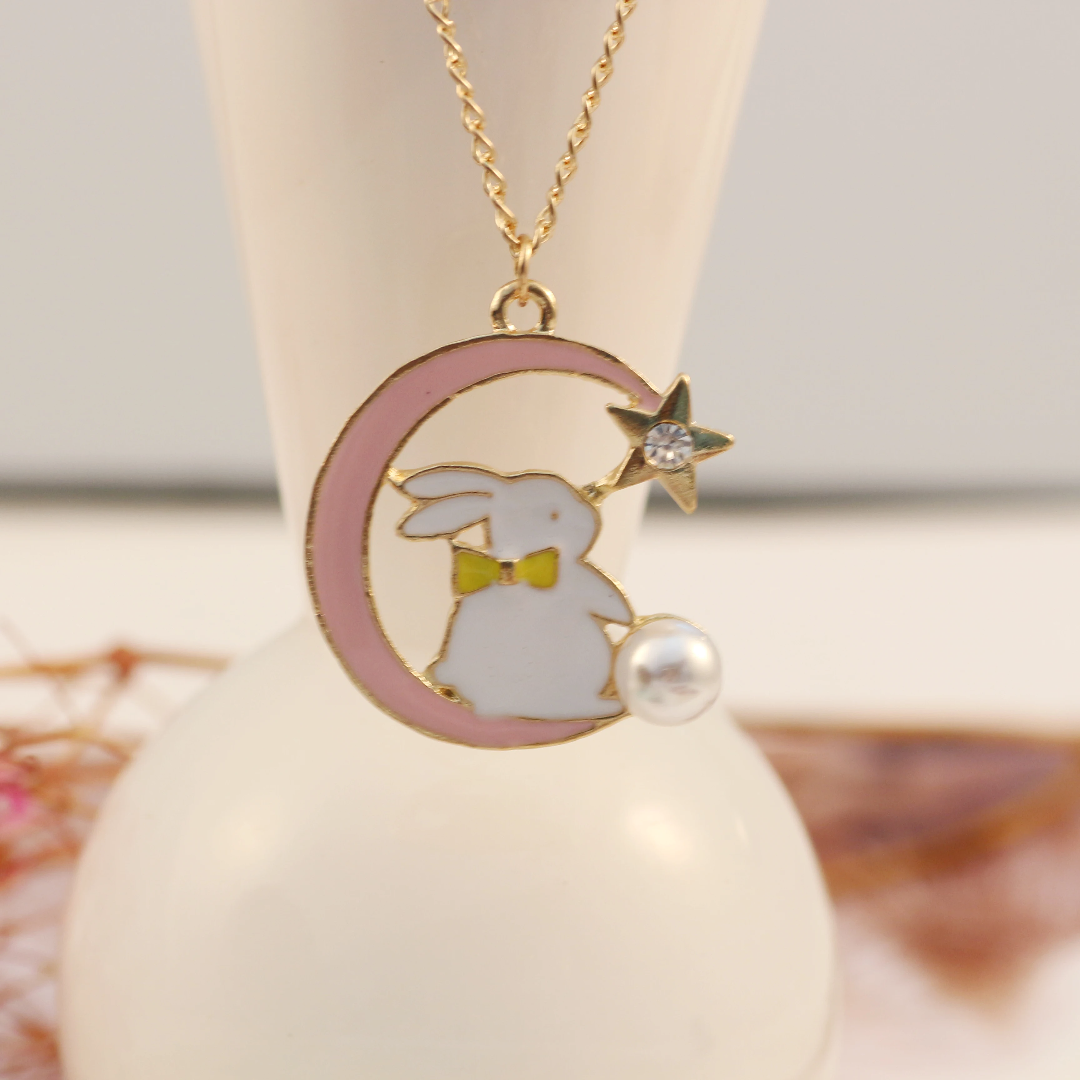 Fashion Latest Animal Rabbit Style Cute Girl Pendant Necklace Blue Pink Two-Color Optional Jewelry Holiday Gift Direct