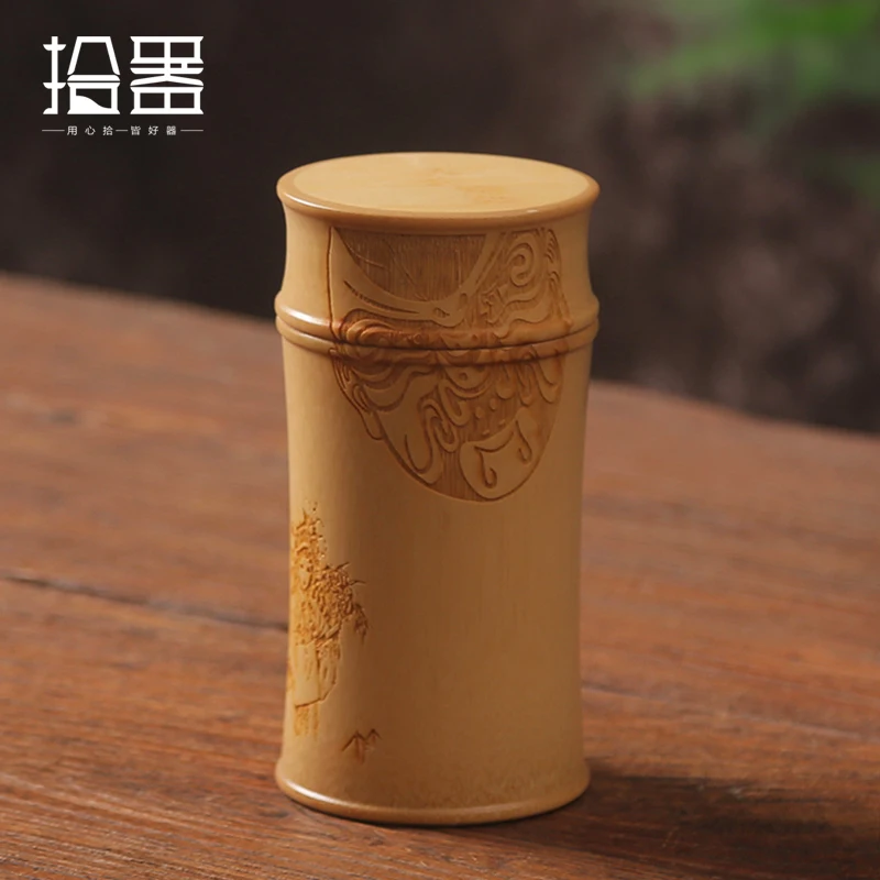 

Handmade Bamboo Storage Box Kitchen Tea Container Jar Cans Organizer Spice Round Vacuum Caps Seal Canister Carving Peking Opera