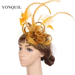 Vintage Gold Sinamay baza Fascinator nakrycia głowy okazje czerwone welony ślubne akcesoria do włosów pióro Millinery kapelusz koktajlowy MYQ010