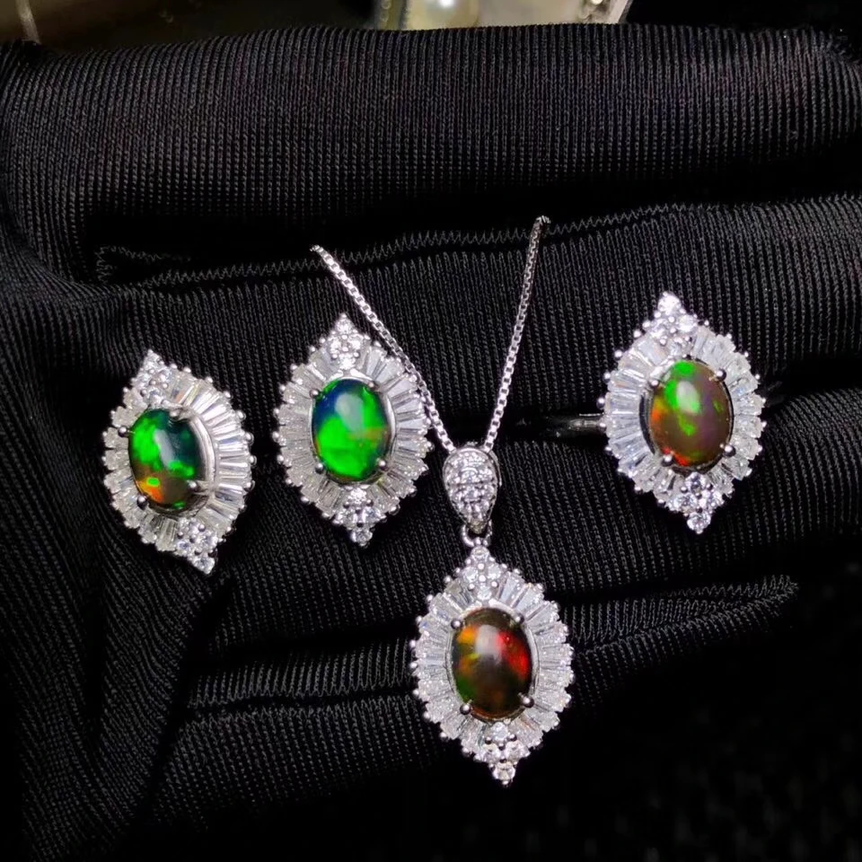 

Natural opal gemstone necklace ring stud earrings and necklace jewelry set for women real 925 silver material party gift