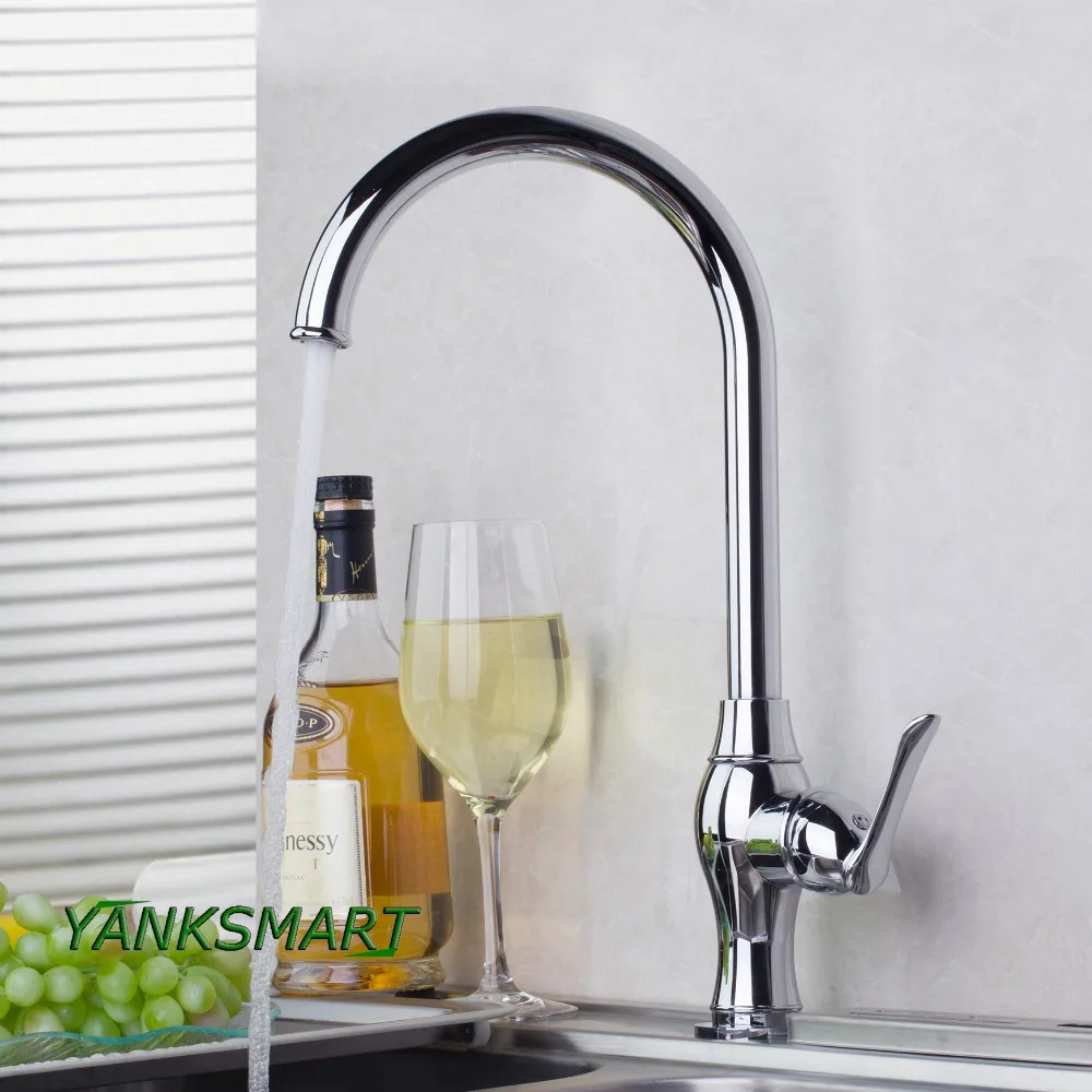 

YANKSMART Modern Luxury Chrome Polished Solid Brass Basin Sink Kitchen Faucet Swivel Single Lever Rotate Deck Mounted Mixer Tap