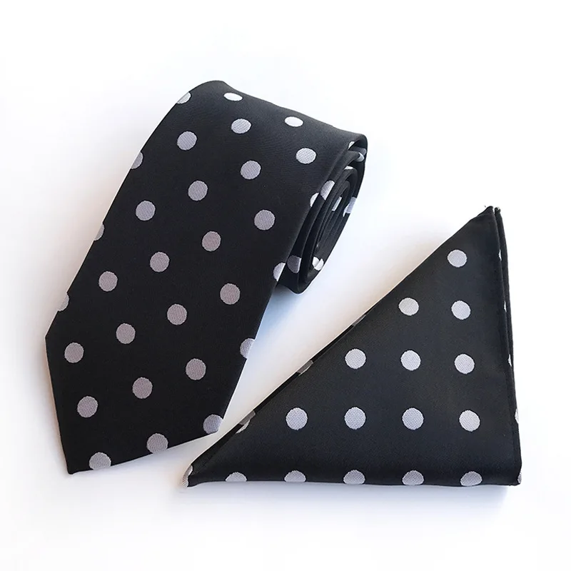 8 cm Mens Classic Tie  Jacquard Woven Black White Polka Dot Necktie Hanky Sets for Man Wedding Business Party Gravata