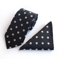 8 cm Mens Classic Tie Jacquard Woven Black White Polka Dot Necktie Hanky Sets for Man Wedding Business Party Gravata