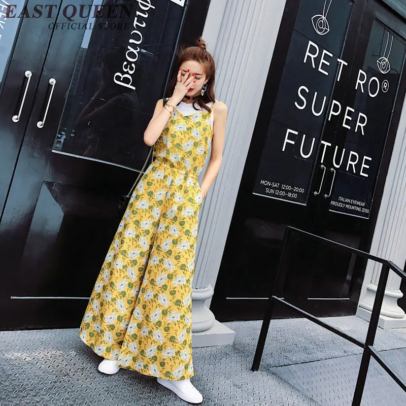 สูงเอว jumpsuit ผู้หญิง 2018 vintage floral พิมพ์ jumpsuit ผู้หญิงแขนกุดขากว้าง jumpsuit กับกระเป๋า NN0746 YQ