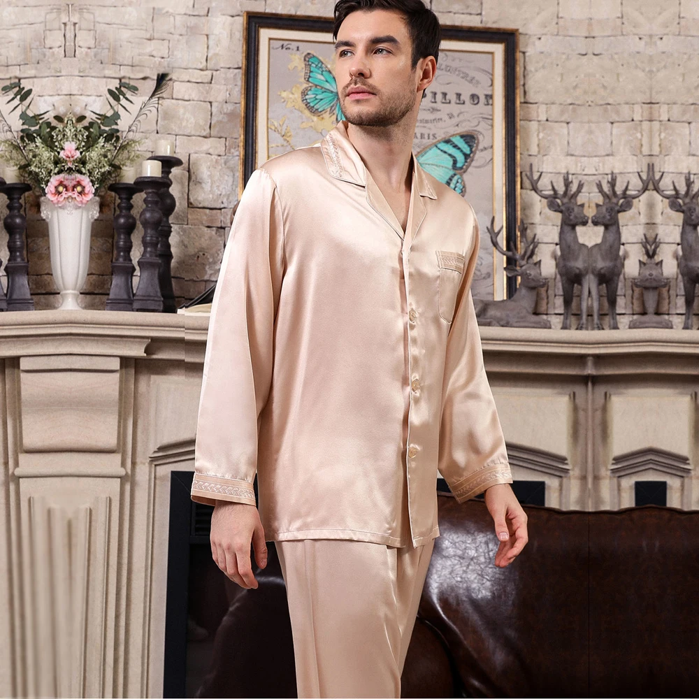 Elegance New 100% mulberry silk mens pajamas sets Long sleeve solid color male fashion pyjamas noble pure silk pijamas