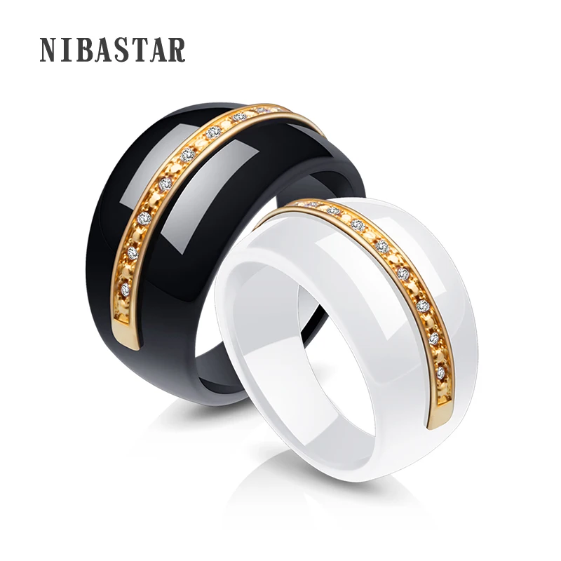 Unique Design Black & White Ceramic Rings For Women Gold Color Metal Cubic Zircon Channel Ceramic Wedding Jewelry