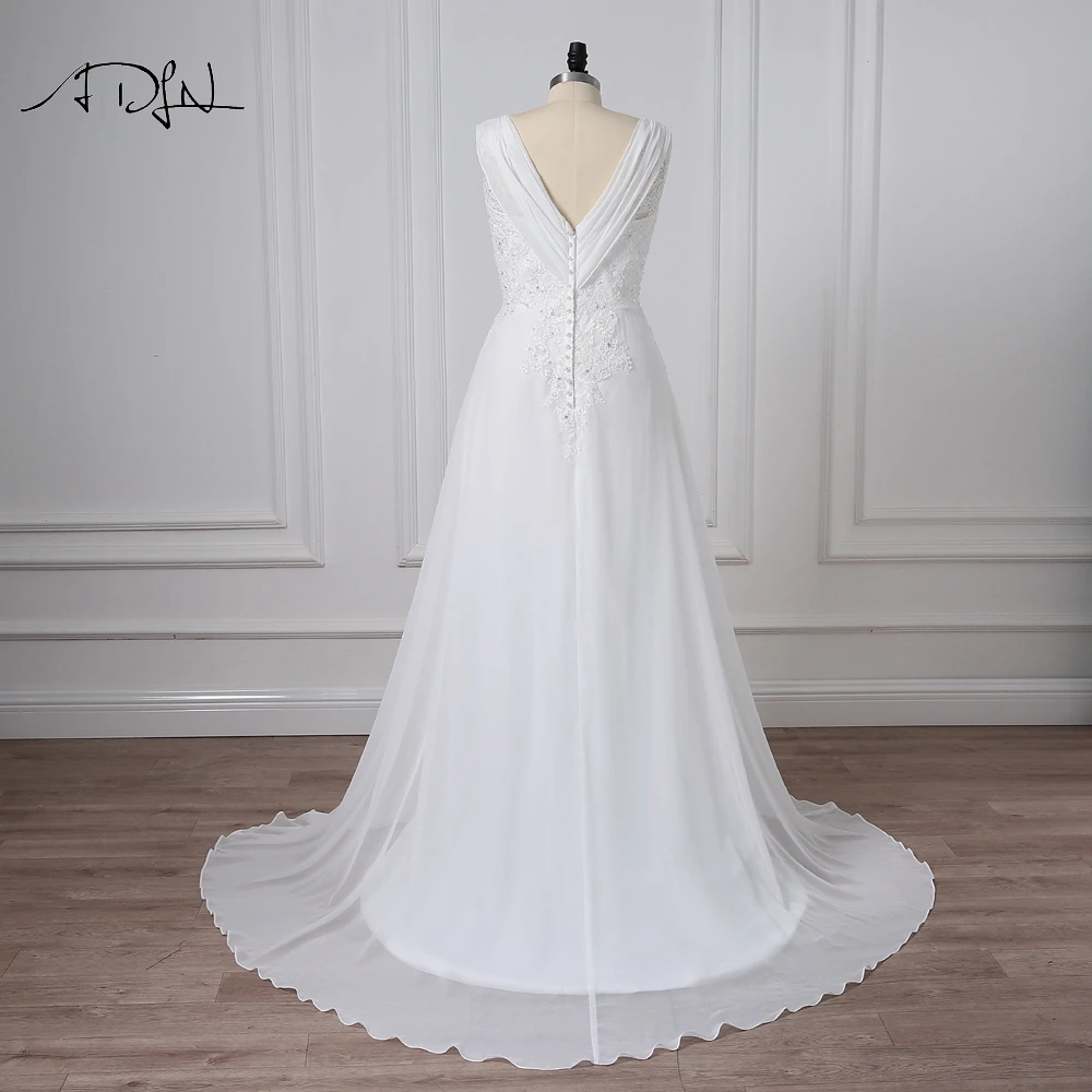 ADLN-Robe de Mariée en Mousseline de Soie, Grande Taille, Col en V, Perlée, Personnalisée, pour Patients de Plage, Éducative