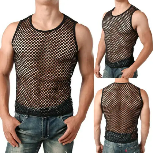 Laki-laki Panas Melihat Melalui Mesh T-Shirt Pakaian Tipis Memakai Transparan Singlet