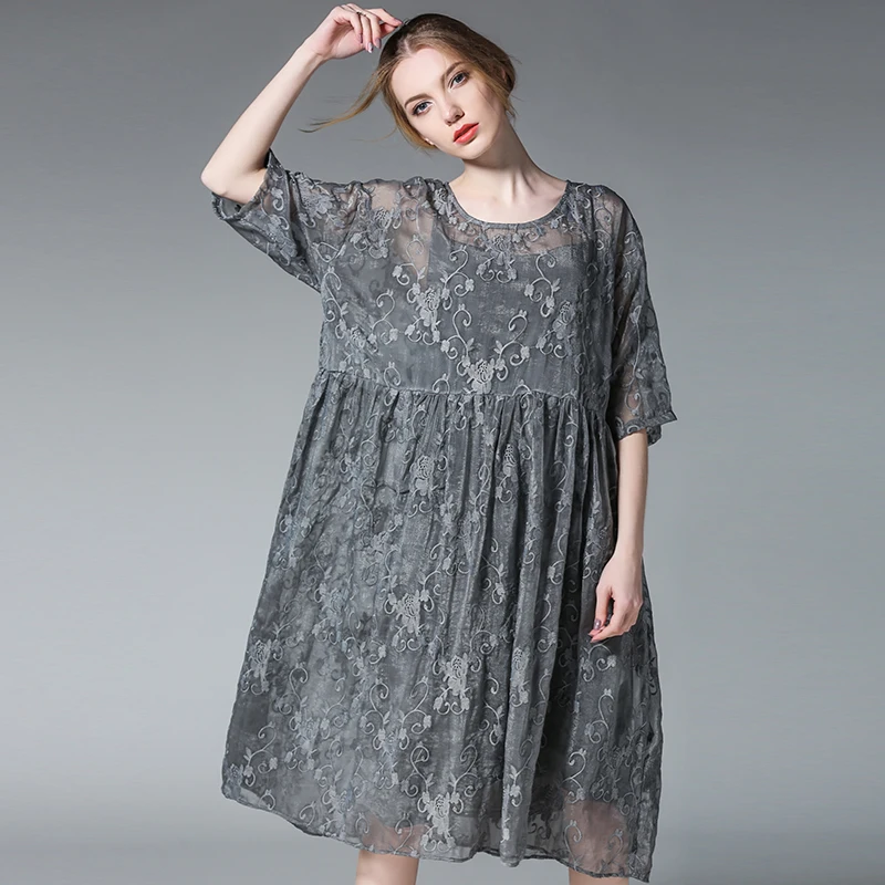 

Women's Silk Embroidery Elegant Dress, Casual Loose Fashion, High Waist, Short Sleeve, Office Lady, O Neck, High-End, 2 Pcs