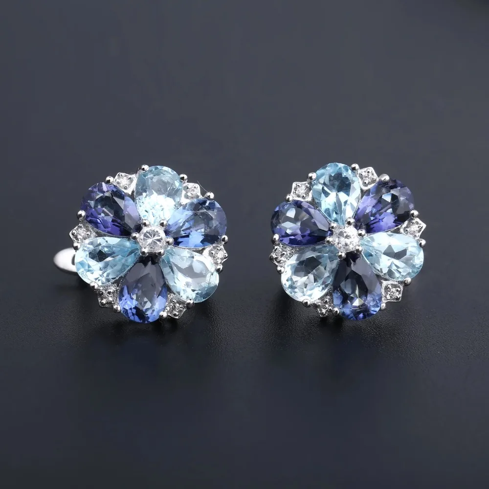 GEM'S BALLET Natural Sky Blue Topaz Mystic Quartz Flower Jewelry Set 925 Sterling Silver Earrings Ring Set For Women Wedding