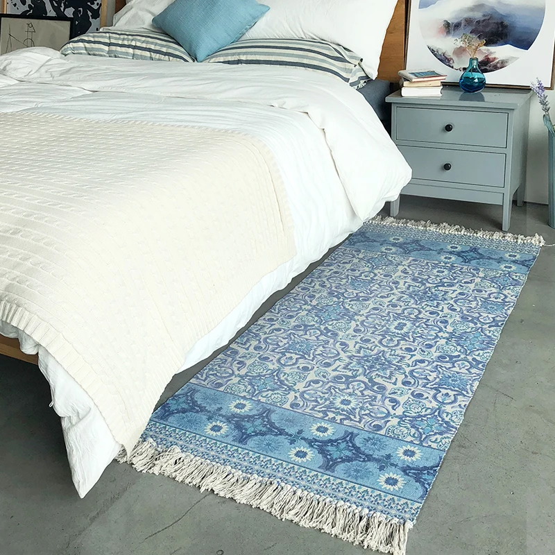 High blue and white flowers design tessel edge cotton area rug for bedside living room tapetes para casa sala tapis salon