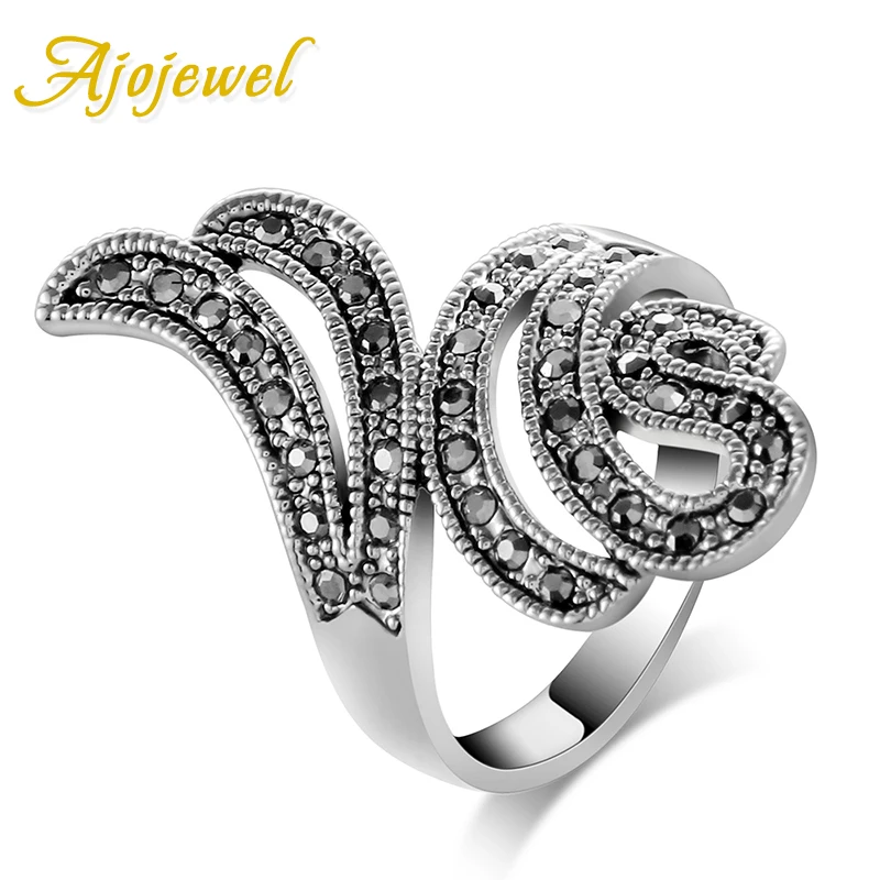 Ajojewel Brand Vintage CZ Wing Design Antique Black Ring Women Fashion Accessories