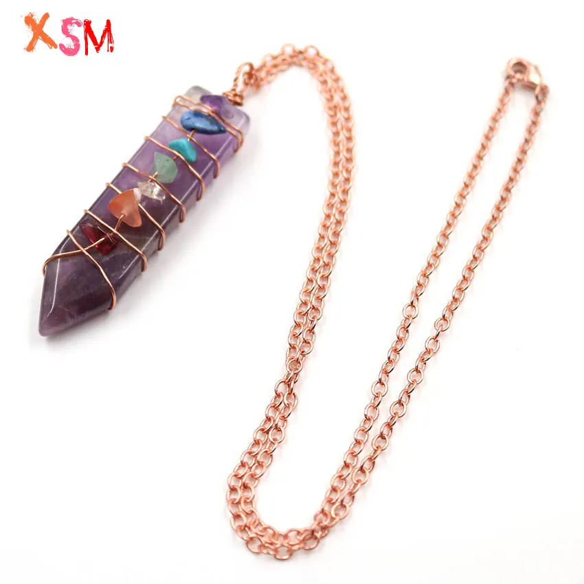 XSM Sword-shaped Pendant Necklaces Reiki Natural Stone Crystal 7 Chakra Crushed Wire Wrap DIY Handmade Charms Amulet Jewelry