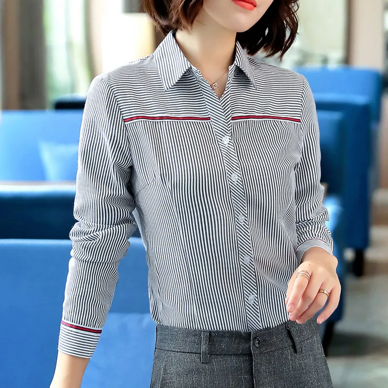 New Fashion Striped Design High Quality Cotton Shirt Formal Business Slim Long Sleeve Blouse Women Tops